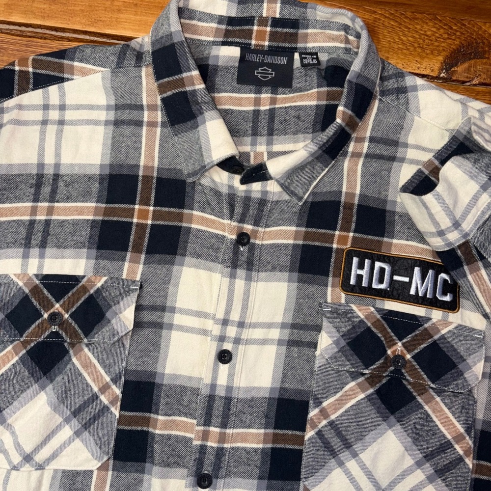 Harley-Davidson Flannel Button Shirt Mens 4XL Grey Brown Plaid HD-MC Patch